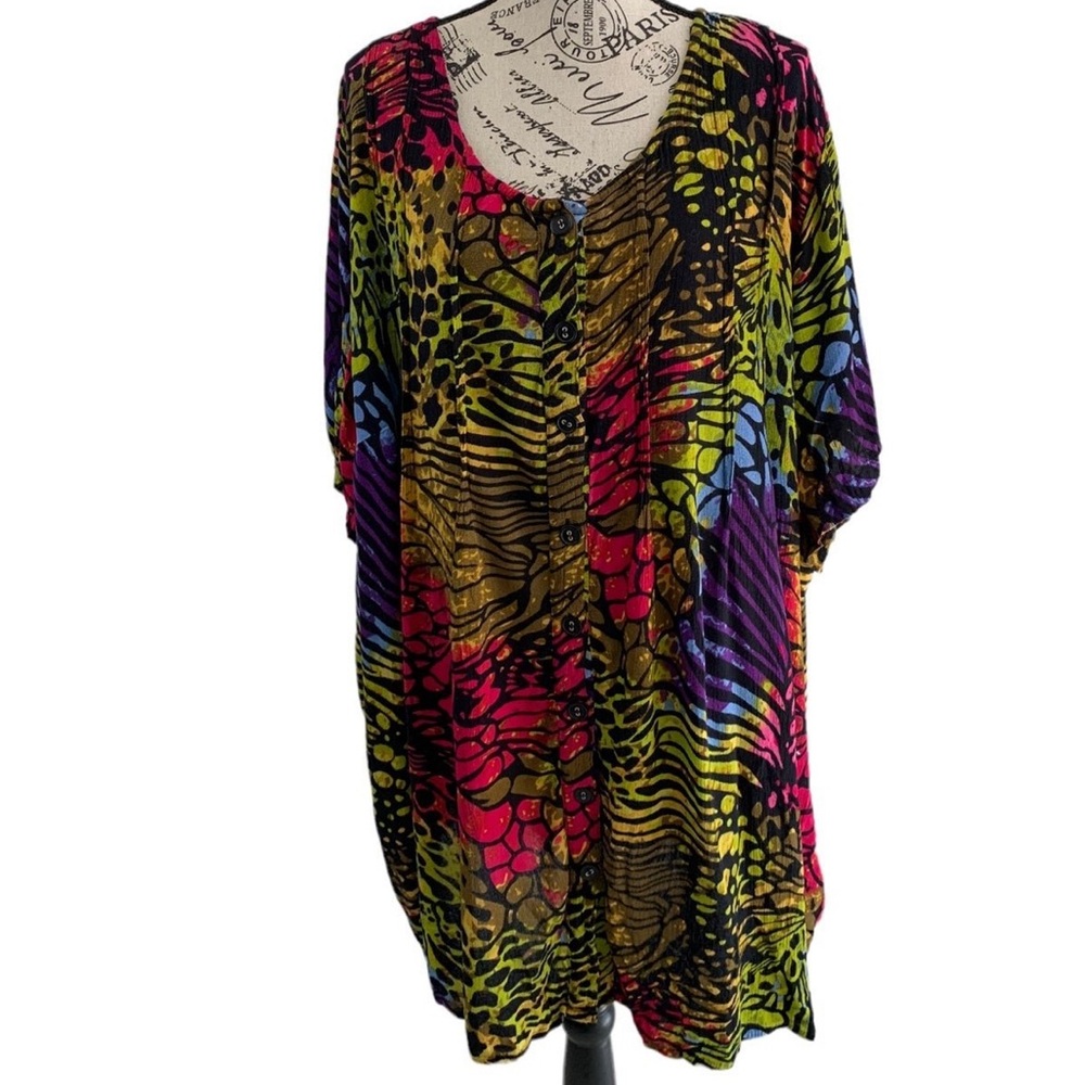 Roamans 26X green and pink animal print blouse